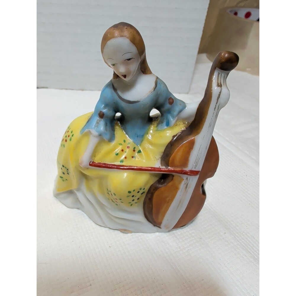 Occupied Japan Figurine Victorian Woman Playing Cello 3" Tall Porcelian 1945-52